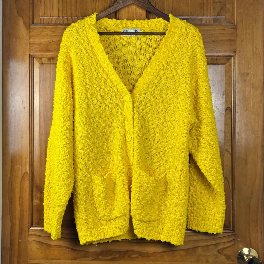 Chaus Womens Lg Yellow Popcorn Knit Cardigan Sweater 80s Vintage Shoulder Pads